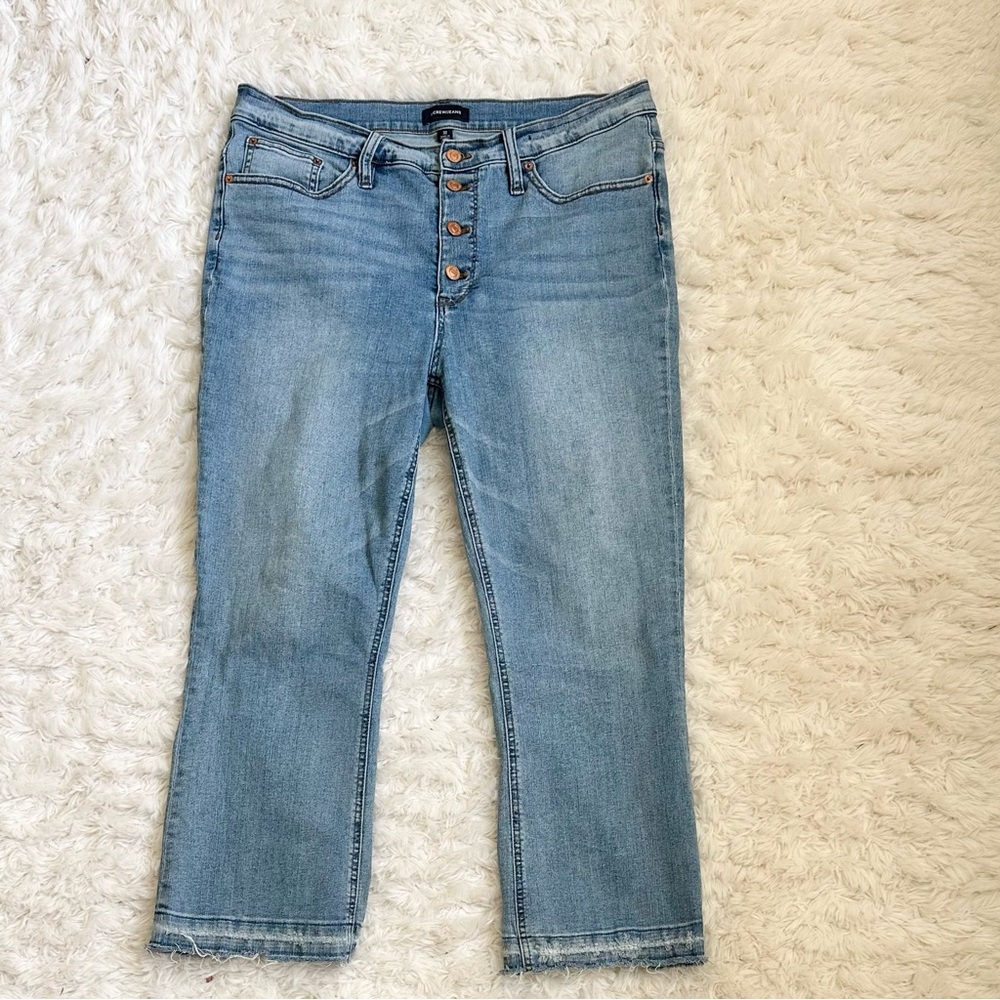 J Crew Jeans Button Fly Slim Hip Crop Flair Light Blue Distressed Hem w Stretch